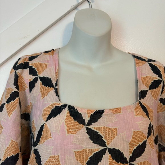 The Odells Lyla Geometric Floral Print Puff Sleeve Square Neck Linen Midi Dress - Picture 4 of 11